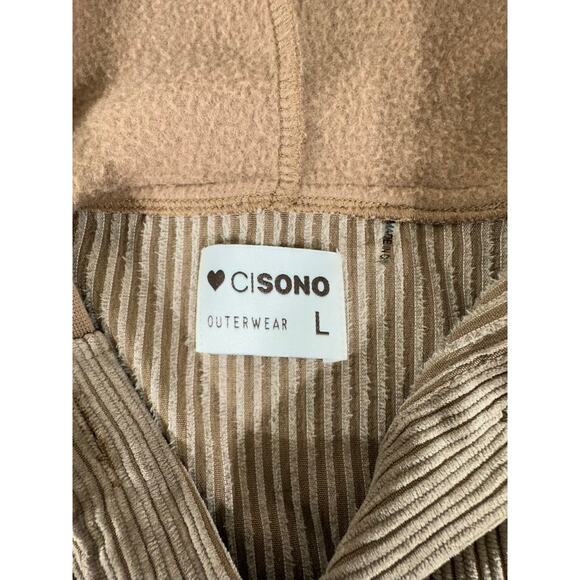 Ci Sono Cropped Jacket Hoodie Size Large Corduroy Taupe Light Brown Chest Pocket - Picture 3 of 7